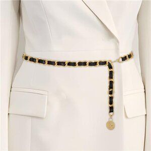 Gold Alloy & Black Leather Waist Chain | Adjustable Belt Jewelry Accessory